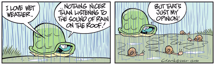 Turtle loves wet weather as he enjoys listening to the sound of rain on his shell. Swamp Cartoon - Turtle Loves Wet WeatherAugust 13, 2020