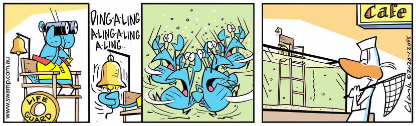 Bob Crayfish is on lifeguard duties to alert the other crayfish when the chef is approaching with his net. Swamp Cartoon - Bob Crayfish Lifeguard DutiesAugust 18, 2020