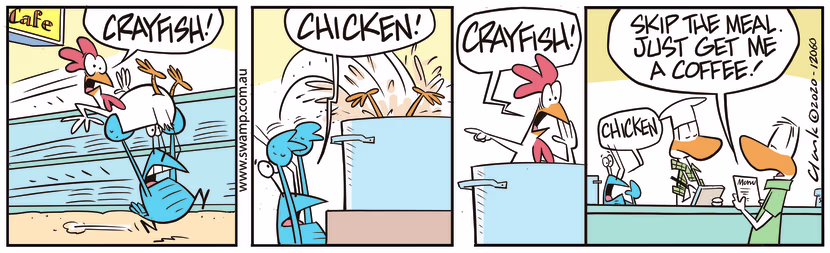 Diner is perusing the menu when hears Bob Crayfish and Chicken screaming so he orders coffee. Swamp Cartoon - Just Get Me CoffeeAugust 25, 2020