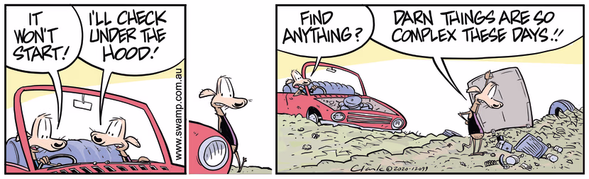 The car Cheese and Chives Rats own won't start so they check under the bonnet. Swamp Cartoon - Cheese and Chives Car Won’t StartOctober 9, 2020