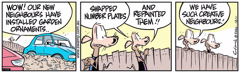 Cheese and Chives Rats are admiring the creativity of their new neighbours installing new garden ornaments. Swamp Cartoon - Installing New Garden OrnamentsOctober 24, 2020