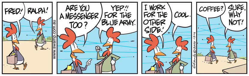 Fred Carrier Pigeon meets his friend, Ralph and they decide in the midst of gun to have coffee. Swamp Cartoon - Carrier Pigeons Coffee BreakOctober 26, 2020