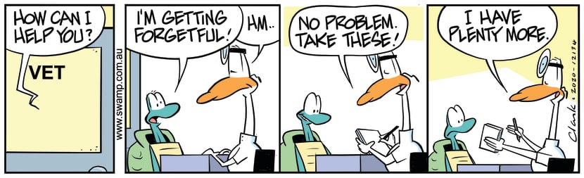 Turtle visits the vet for help regarding his forgetfulness and there's an easy solution. Swamp Cartoon - Turtle Visits the VetNovember 19, 2020