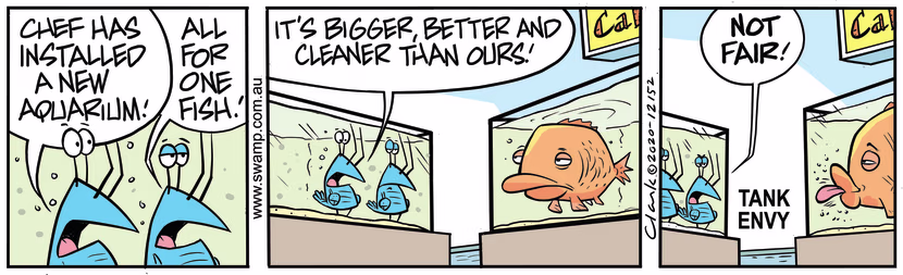 Chef has installed a new tank and Bob Crayfish and his mate are jealous about its size. Swamp Cartoon - Chef Has Installed New TankJune 11, 2024