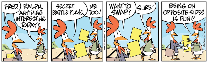 Carrier Pigeons Fred and Ralph meet en route and discover they are carrying interesting documents. Swamp Cartoon - Carrying Interesting DocumentsDecember 19, 2020
