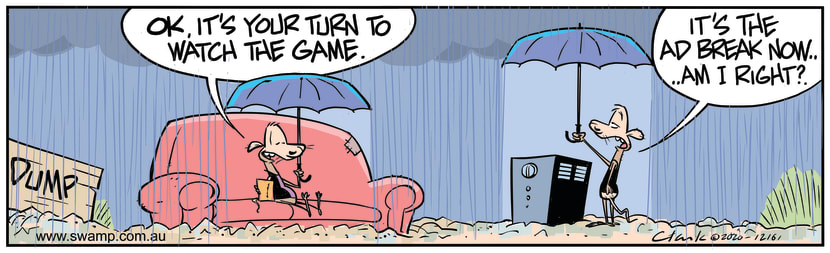 In the rain, Chives Rat is watching television while Cheese is holding an umbrella over it. Swamp Cartoon - Your Turn Watch the GameDecember 21, 2020