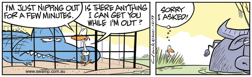 Nitpicker Bird is nipping out from croc trap for few minutes and offers get something for Nibbles Croc. Swamp Cartoon - Nitpicker Bird Nipping OutJanuary 20, 2021