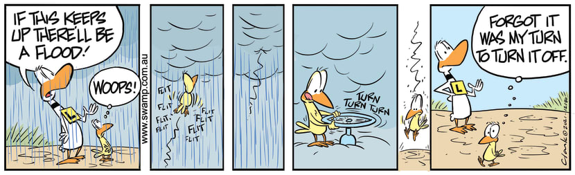 The rain is pouring down on Ding Duck and he's thinking if it doesn't stop it will flood. Swamp Cartoon - Rain Pouring Down on Ding DuckJanuary 21, 2021