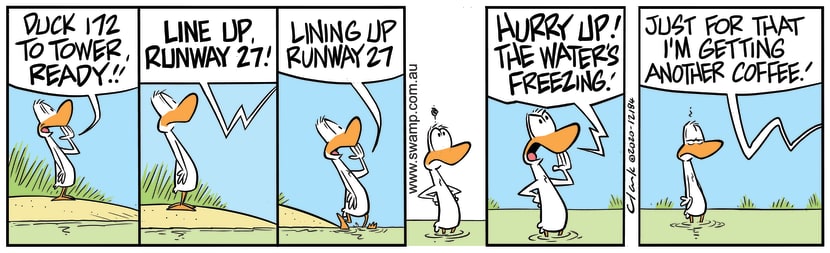 Aviator Duck 172 is lining up runway 27 and is waiting for clearance from Air Traffic Control. Swamp Cartoon - Lining up Runway 27January 26, 2021