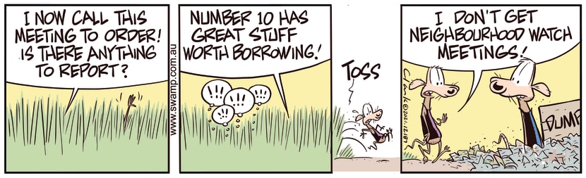 Chives Rat attends Neighbourhood Watch Meeting and when asked to report anything he gets kicked out. Swamp Cartoon - Call Meeting to OrderJanuary 29, 2021