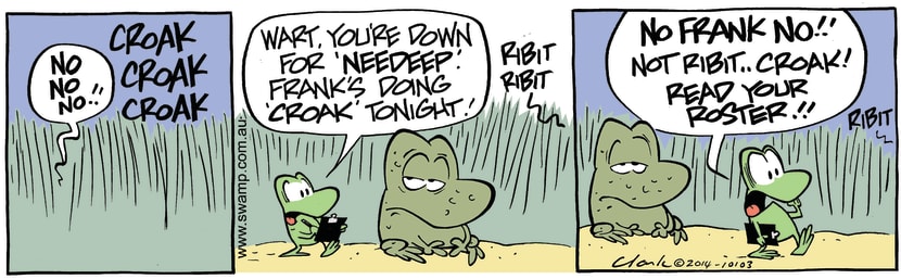 Mort Frog is organising the frogs for what sound they are making tonight and Frank Frog gets it wrong. Swamp Cartoon - Organising the FrogsSeptember 13, 2021