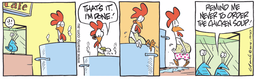 Bob Crayfish is watching Chicken simmering in the pot and checking his watch and Chicken realises he has been cooked enough. Swamp Cartoon - Chicken Simmering in the PotOctober 5, 2021