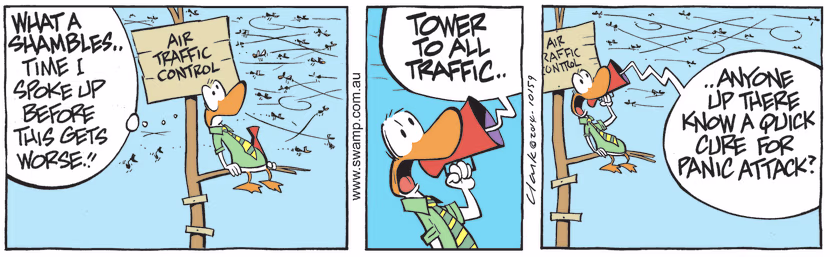 Air Traffic Controller sees chaos in the skies and decides he has to sort out the shambles amongst the Aviator Ducks. Swamp Cartoon - Air Traffic Controller Sees ChaosOctober 9, 2021