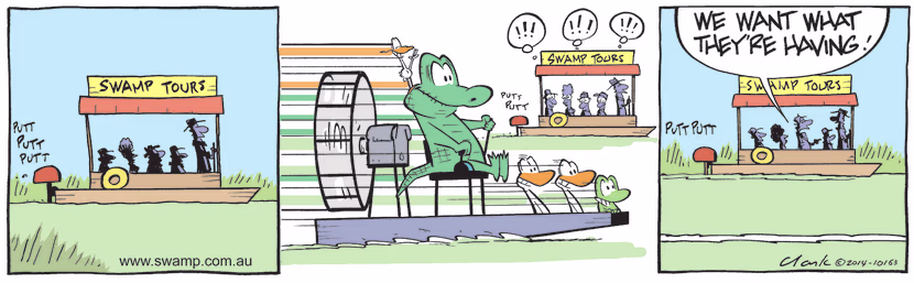 Old Man Croc discovers Air Boat Fun and takes Nit Picker Bird, Swamp Ducks and Mort Frog for a spin through the everglades. Swamp Cartoon - Old Man Croc Discovers Air Boat FunOctober 13, 2021