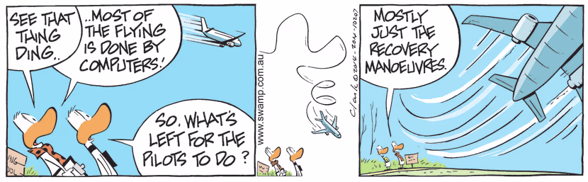 Flight Instructor and Ding Duck are in awe that modern aircraft are flown by computers not leaving much for the pilot to do. Swamp Cartoon - Aircraft are Flown by ComputersOctober 23, 2021