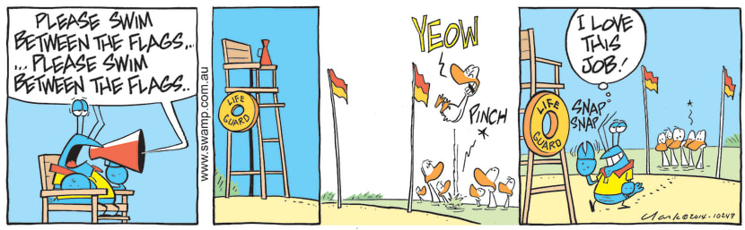 Bob Crayfish is on lifeguard duties and he is calling all swimmers to stay in the safety area between the flags. Swamp Cartoon - Bob Crayfish is on Lifeguard DutiesOctober 30, 2021