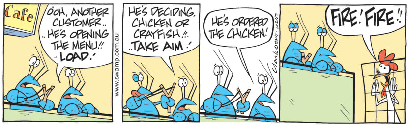 Kevin tells Bob Crayfish there is another customer opening the menu so Bob takes aim with his slingshot. Swamp Cartoon - Customer Opening the MenuNovember 2, 2021