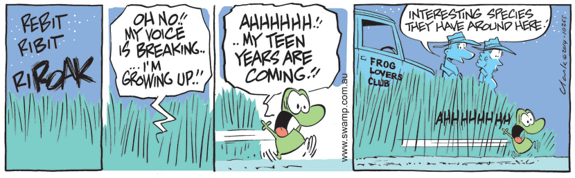 With his voice breaking and realising he is growing up, Mort Frog runs screaming through the Swamp in horror his teen years are coming. Swamp Cartoon - Mort Frog Runs ScreamingNovember 13, 2021