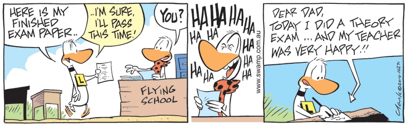Ding Duck completes his exam paper and confidently tells Flight Theory Instructor he will pass this time. Swamp Cartoon - Ding Duck Completes His ExamNovember 17, 2021