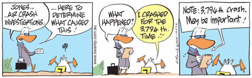 Jones from Air Crash Investigations has approached a face-planted Ding Duck to speak to him about his 3,794th crash. Swamp Cartoon - Jones from Air Crash InvestigationsNovember 18, 2021