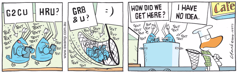 Bob Crayfish and Kevin are busy texting on their phones and completely unaware Chef is reading to catch them with his net. Swamp Cartoon - Texting on Their PhonesNovember 23, 2021