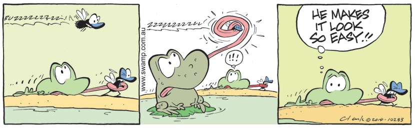 Mort Frog is having battle catching a fly when Wart Frog makes it look so easy. Swamp Cartoon - Mort Frog is Having BattleNovember 26, 2021