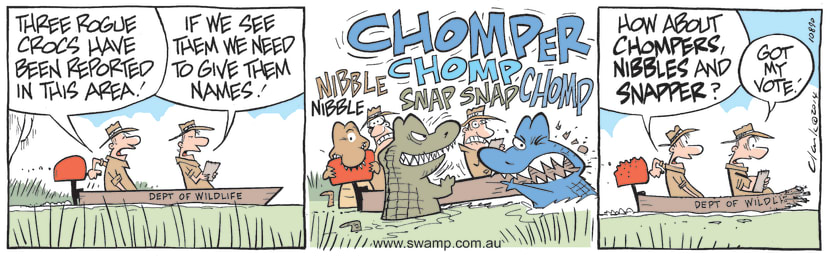 Park Rangers are searching for reported rogue crocs in the area and they decide if they happen upon them they will name them. Swamp Cartoon - Searching for Reported Rogue CrocsNovember 29, 2021