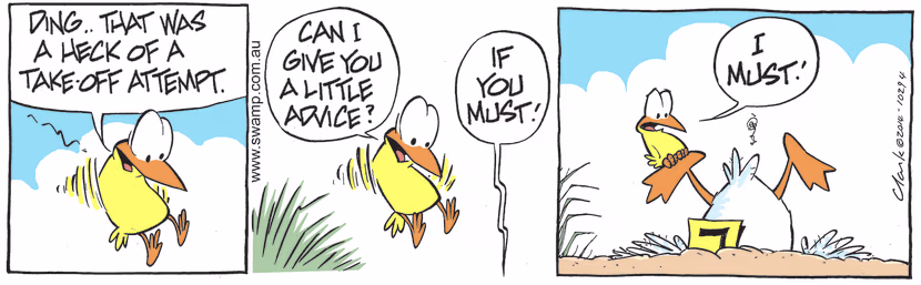 Bird was viewing Ding Duck's take-off attempt and is keen to offer his advice even though Ding isn't enthusiastic to hear it. Swamp Cartoon - Ding Duck’s Take-off AttemptDecember 1, 2021
