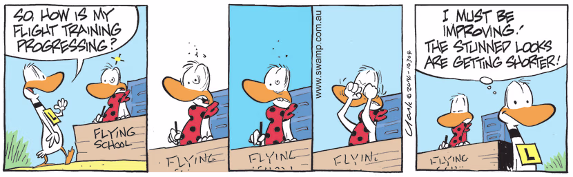 Ding Duck asks his Instructor how his flight training is going and despite a shocked look the response isn't as bad as previous times. Swamp Cartoon - Ding Duck asks his InstructorDecember 4, 2021