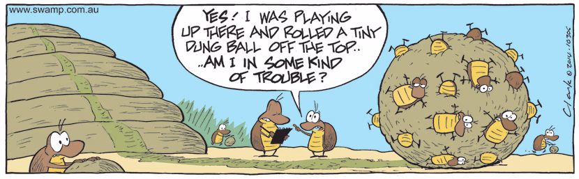 Dung Beetle is explaining to his supervisor he was playing on top of a big cow pat and rolled a tiny dung ball. Swamp Cartoon - Dung Beetle is ExplainingDecember 7, 2021
