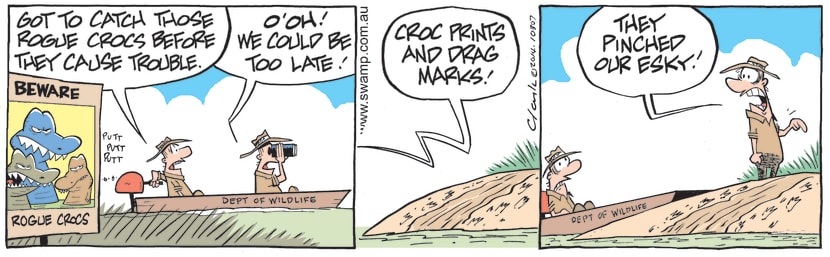 Park Rangers are on the lookout for Rogue Crocs when they are concerned when they see claw and drag marks on the bank. Swamp Cartoon - Lookout for Rogue CrocsDecember 8, 2021