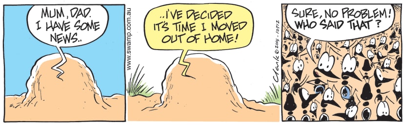 Deep in the ants nest, there's a conversation about moving out of home which is fine by the parents. Swamp Cartoon - Deep in the Ants NestDecember 13, 2021