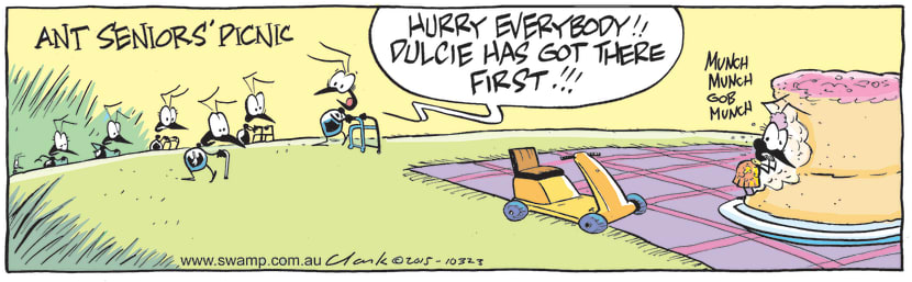 At Ants Seniors Picnic Dulcie has been eaten all the other ants to the cake by arriving on a motorised scooter. Swamp Cartoon - Ants Seniors PicnicDecember 20, 2021