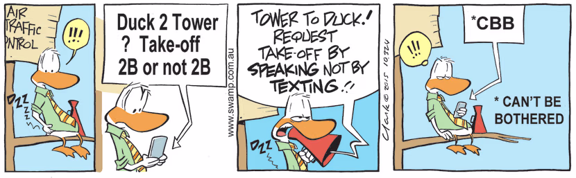 Air Traffic Controller is surprised to receive a text on his phone and to his horror a pilot is requesting take-off clearance. Swamp Cartoon - Air Traffic Controller is SurprisedDecember 21, 2021