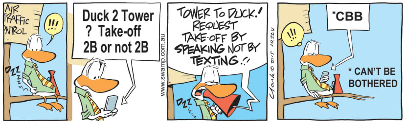 Air Traffic Controller is surprised to receive a text on his phone and to his horror a pilot is requesting take-off clearance. Swamp Cartoon - Air Traffic Controller is SurprisedDecember 21, 2021