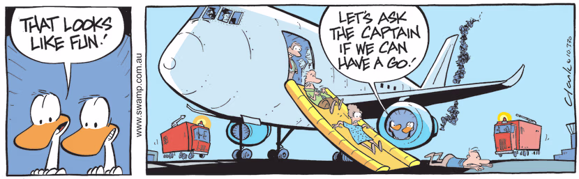 Aviator Ducks have just brought down an aircraft through bird strike and they think it would be fun to slide down escape chute. Swamp Cartoon - Slide Down Escape ChuteDecember 24, 2021
