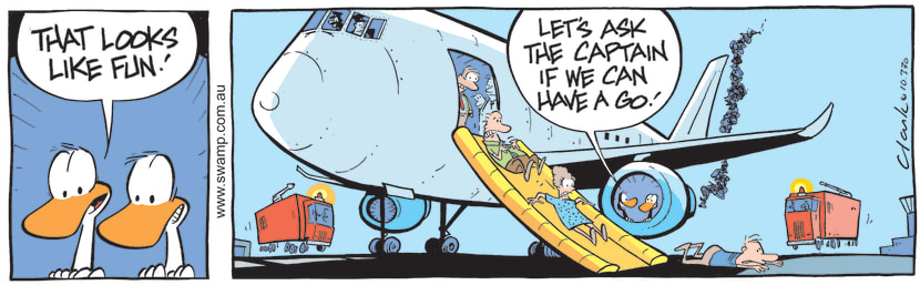 Aviator Ducks have just brought down an aircraft through bird strike and they think it would be fun to slide down escape chute. Swamp Cartoon - Slide Down Escape ChuteDecember 24, 2021