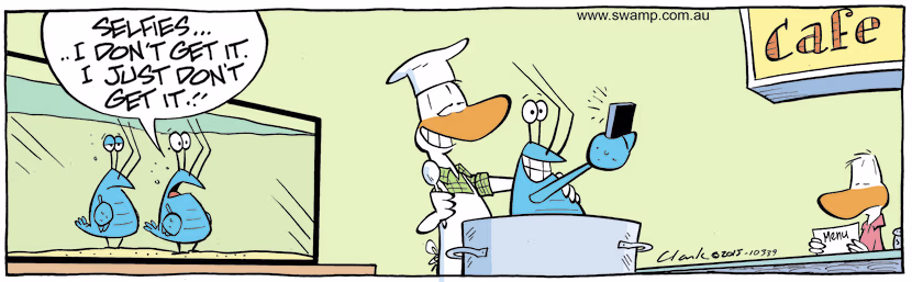 In a move to endear himself to Chef, Bob Crayfish takes a selfie with Chef in the vain hope he will not be on the menu. Swamp Cartoon - Takes a Selfie With ChefDecember 30, 2021