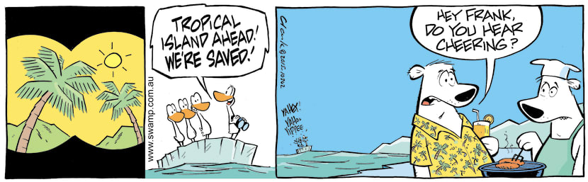 Alas, all is not lost for Aviator Ducks. Flight Leader has spotted palm trees through his binoculars so a tropical island is close by. Swamp Cartoon - Tropical Island is Close ByJanuary 1, 2022