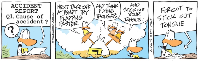 While completing his latest accident report, Ding Duck ponders on how to answer the question regarding what caused the accident. Swamp Cartoon - What Caused the AccidentJanuary 3, 2022