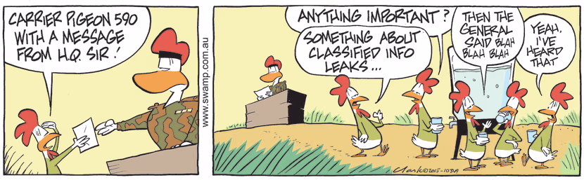 Carrier Pigeon 590 has just delivered a message from HQ to Army Sergeant and heads to water cooler to chat with other carrier pigeons. Swamp Cartoon - Message from HQJanuary 6, 2022