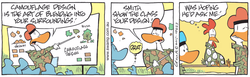 Army Sergeant is explaining to troops that camouflage design is art of blending into your surroundings. Swamp Cartoon - Blending into Your SurroundingsFebruary 18, 2022