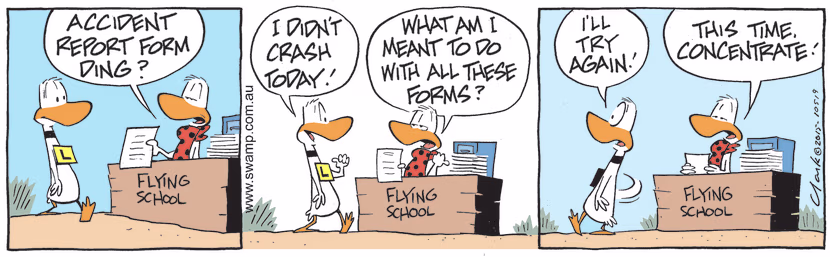 Flight Theory Instructor offers Ding Duck an accident report form but amazingly Ding hasn't crashed this time. Swamp Cartoon - Ding Hasn’t Crashed This TimeApril 7, 2022
