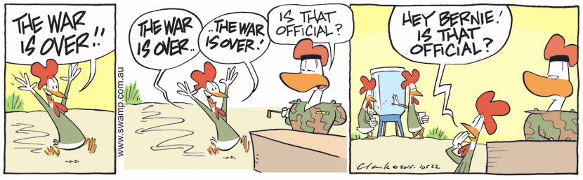 Running from water cooler, Carrier Pigeon 590 is excitedly declaring the war is over but the Army Sergeant asks if that's official. Swamp Cartoon - Running From Water CoolerApril 8, 2022