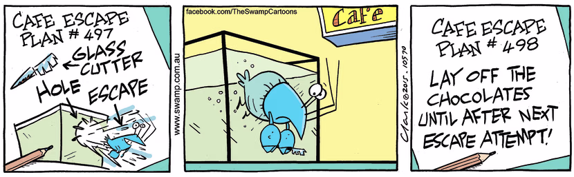 Bob Crayfish has a well prepared escape plan through glass wall of the aquarium until he hits a snag. Swamp Cartoon - Well Prepared Escape PlanApril 30, 2022