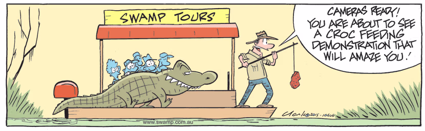 Tour Boat Operator is enthusiastically telling the tourists they are in for an amazing croc feeding demonstration. Swamp Cartoon - Amazing Croc Feeding DemonstrationMay 14, 2022