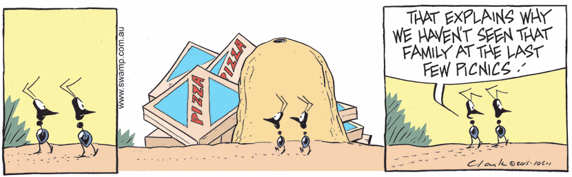 Ants wandering past a nest and see a mountain of empty pizza boxes and realise that's why they haven't seen that Ant Family at picnics. Swamp Cartoon - Empty Pizza BoxesMay 20, 2022