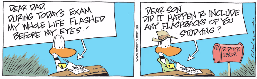 Ding Duck is writing to his dad explaining that during the exam that day his whole life flashed before his eyes. Swamp Cartoon - Flashed Before his EyesMay 27, 2022