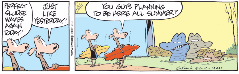 With their partially eaten surfboards in hand, Cheese and Chives head to the drain pipe to sludge surf and Rogue Crocs are there. Swamp Cartoon - Partially Eaten SurfboardsJune 1, 2022