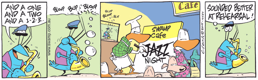 Bob Crayfish is trying to be a cool dude and play saxophone at Jazz Night but he just can't quite hit the notes like at rehearsal. Swamp Cartoon - Play Saxophone at Jazz NightJune 17, 2022